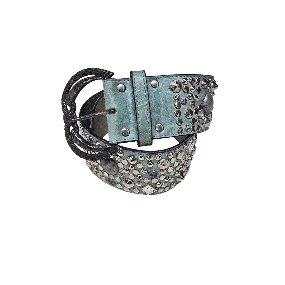 Chad Calvin Designs Teal Leather Studded Belt Western Boho Cowgirl Silver 26